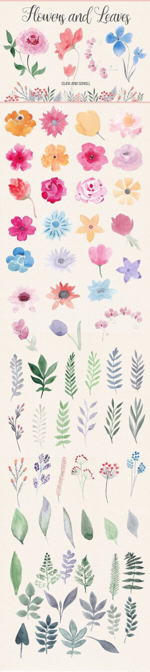 [手帐素材]手绘水粉-花朵和叶子（via Pinterest）