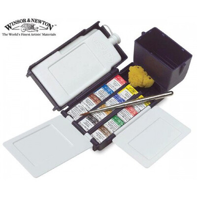 夹心画材 进口温莎牛顿艺术家水彩颜料 固体12色旅行盒带水壶海绵