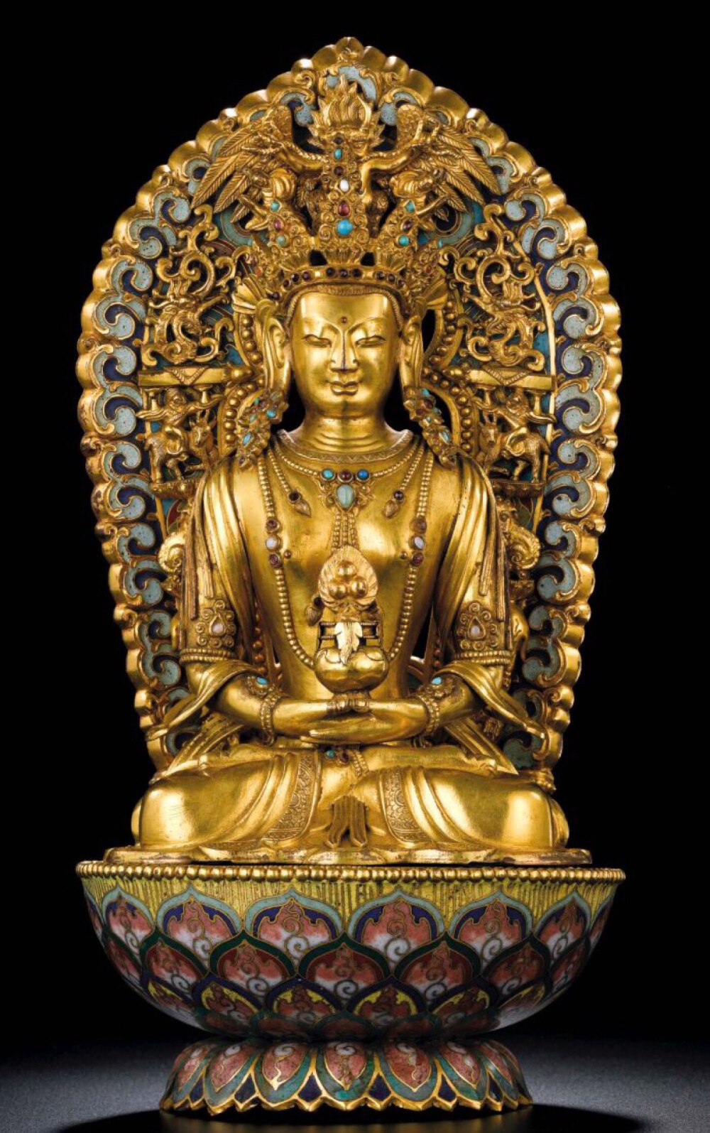 【殊胜庄严】罕见的 清代 掐丝珐琅和錾胎珐琅技法于一体的【无量寿佛坐像】清代掐丝珐琅和錾胎珐琅造像 像高 31cm 江鸟申易