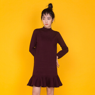 CHAN原创设计2016冬季韩版厚针织长袖时尚连衣裙荷叶边打底毛衣裙