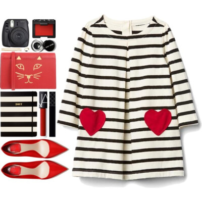 A fashion look from March 2017 featuring stripe dresses, red leather purse and gold plated jewelry. Browse and shop related looks.