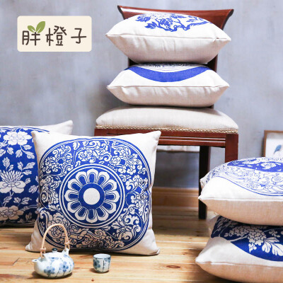 中国风青花瓷抱枕 麻抱枕套沙发靠垫靠枕含芯中式原创传统花式