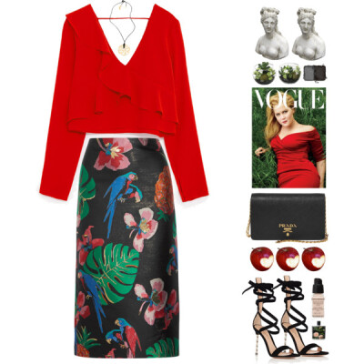 A fashion look from March 2017 featuring red crop top, midi skirt and high heeled footwear. Browse and shop related looks.