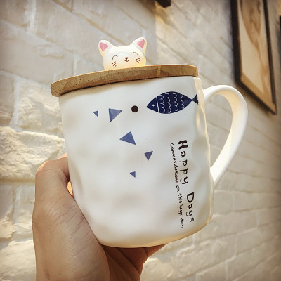 日式Zakka创意猫咪和鱼群马克陶瓷杯子卡通带勺带盖早餐牛奶水杯