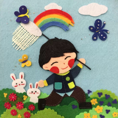 胎毛画，不织布，捉蝴蝶