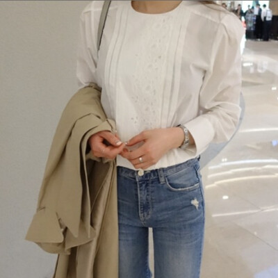 韩国2017春季韩版女装套头甜美圆领小清新可爱长袖棉衬衫