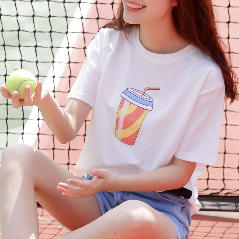 魅典幻镜2017春季休闲百搭趣味可乐杯印花T恤白色上衣女