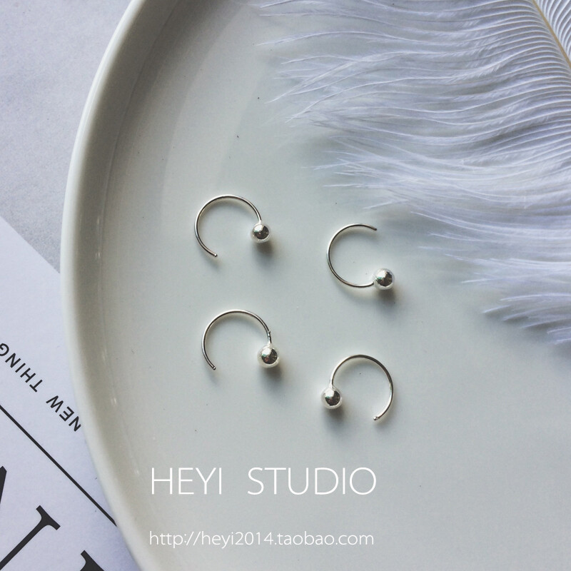荷意HEYISTUDIO S925纯银圆珠 银豆豆半弯月牙耳钉 极简小耳钩