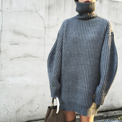 13C16冬 超温暖厚实粗棒针织 袖子设计感高领长款毛衣裙 EK48
