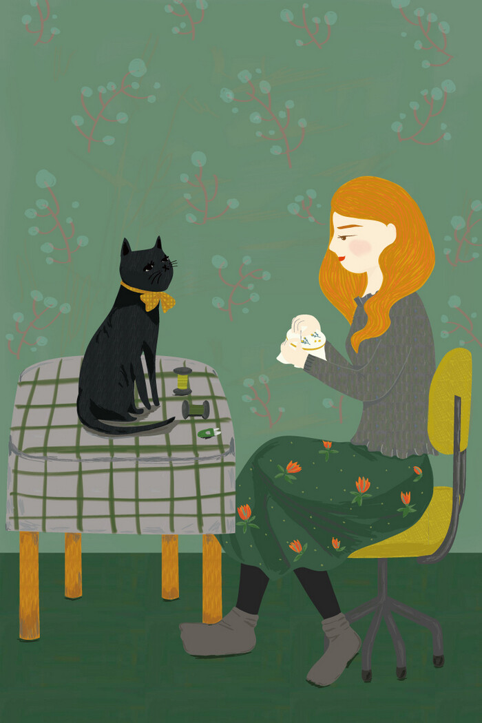 少女 猫 插画 jyna