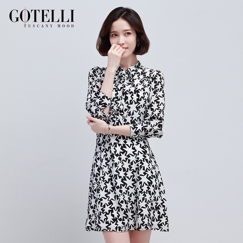 GOTELLI2017年春季女装中腰韩版套头星星图案雪纺连衣裙外套