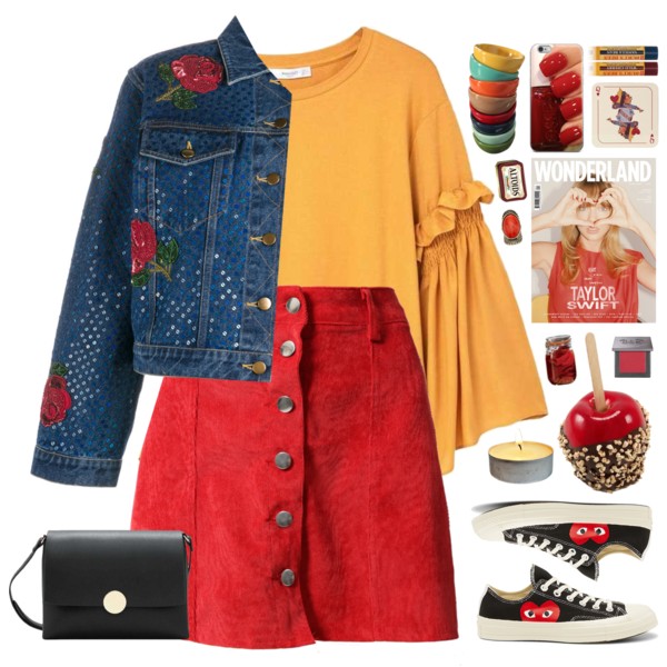 A fashion look from March 2017 featuring long blouse, blue jean jacket and red skirt. Browse and shop related looks.