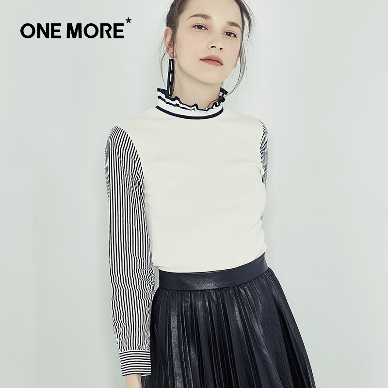 ONE MORE文墨2016冬木耳边高领毛衫条纹衬衫袖拼接毛衣针织衫