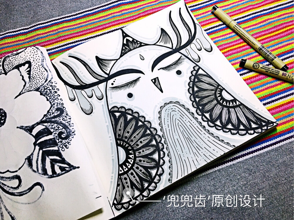 缠绕画，黑白装饰画，民族风，线描，插画，猫头鹰，儿童画，儿童画猫头鹰，猫头鹰简笔画