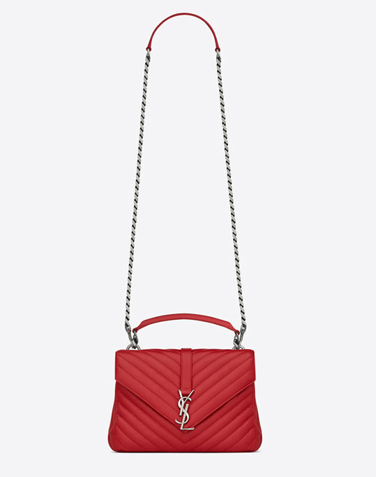 YSL圣罗兰.CLASSIC MEDIUM MONOGRAM SAINT LAURENT COLLÈGE BAG IN RED MATELASSÉ LEATHER。CLASSIC SAINT LAURENT TOP HANDLE BAG WITH METAL CHAIN AND LEATHER REMOVABLE SHOULDER STRAP AND INTERLOCKING YSL SIGNATURE BUCKLE CLOSURE.