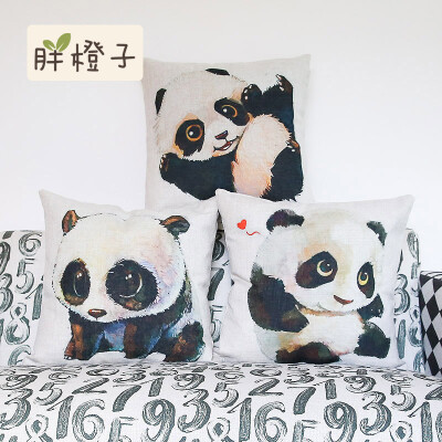 可爱熊猫棉麻抱枕靠垫 卡通田园中式沙发卧室靠枕办公室靠背含芯