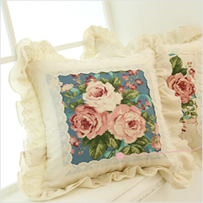 韩国欧式浪漫花朵玫瑰花花边荷叶边纯棉质坐垫椅垫靠垫靠枕