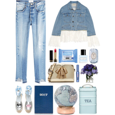 A fashion look from March 2017 featuring denim jacket, blue jeans and leather flats. Browse and shop related looks.