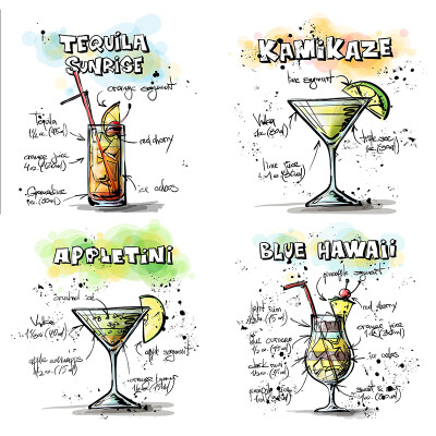 48 水彩手绘饮品饮料冷饮 果汁 酒类手绘图 AI适量图菜单设计素材