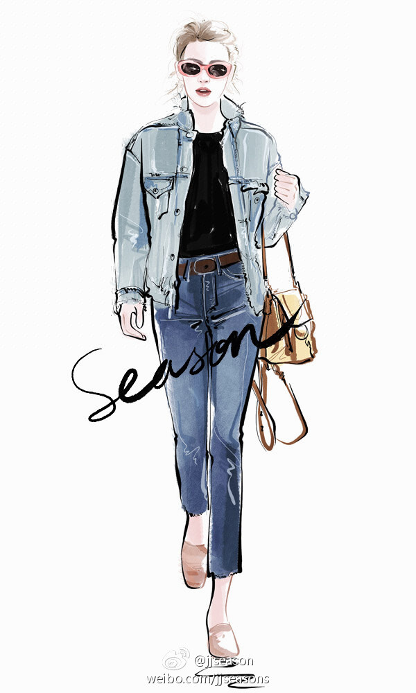 #jjseason插画# #欧美明星插画# -----#Emma Roberts#身着Ralph Lauren牛仔外套搭配AG Vintage仔裤，Elizabeth and James眼镜，Chloe “Faye”拼色包，青春帅气私服街拍。 ????