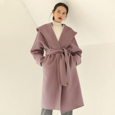 RLL灰紫色澳洲羊毛单面呢连帽大衣中长款长袖宽松翻领毛呢外套