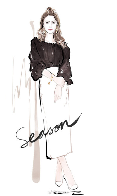 #jjseason插画# #明星红毯礼服插画# ----- 3月9日，@林心如 身着Alice Mccall 一字肩上衣搭配白色半裙，佩戴Tiffany&Co HardWear系列黄金手链和耳坠，清新优雅出席#电影嫌疑人x的献身# “重要线索”发布会。