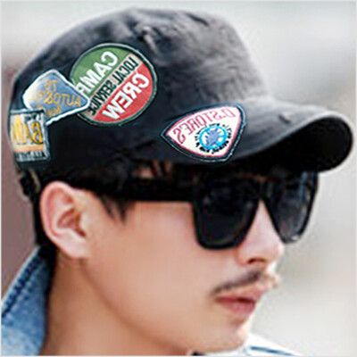 韩国刺绣字母彩色徽章贴布补丁韩版男式磨毛帽子平顶帽军帽