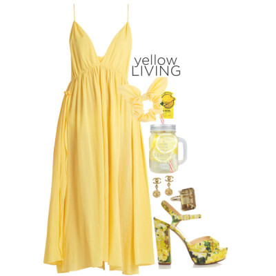 A fashion look from March 2017 featuring yellow ruffle dress, high heel platform sandals and gold statement ring. Browse and shop related looks.