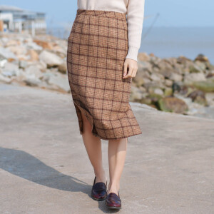 暮光之瞳2017复古文艺格子高腰毛呢半身裙下摆开叉中长款包臀裙子