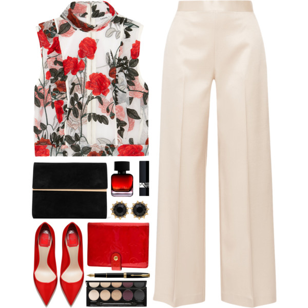 A fashion look from March 2017 featuring red blouse, high-waisted pants and Maison Margiela. Browse and shop related looks.