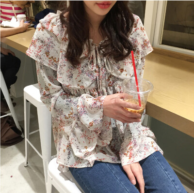韩国chic小碎花 荷叶边喇叭袖 系带 清爽雪纺衬衫上衣
