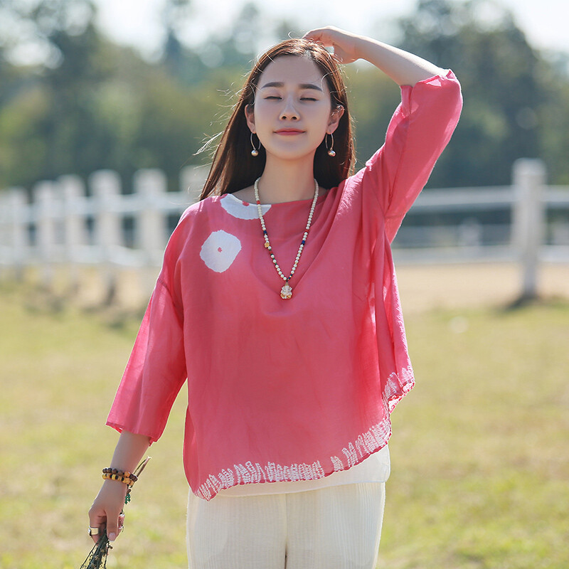 麻霖文艺原创棉麻女装春装植物扎染丝绵套头上衣衬衫