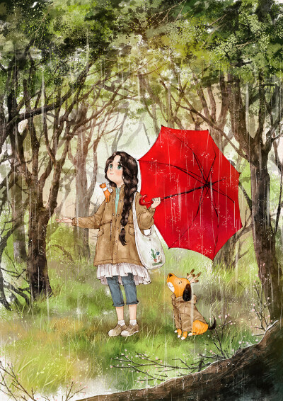 春雨润出了森林的色彩 ~ 来自韩国插画家Aeppol 的「森林女孩日记-2017」系列插画。