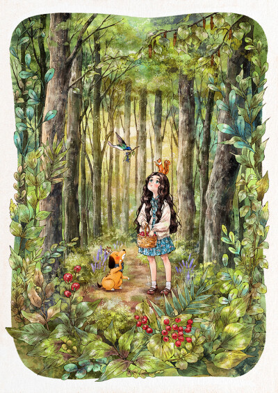 蓝鸟带来春天的信息 ~ 来自韩国插画家Aeppol 的「森林女孩日记-2017」系列插画。