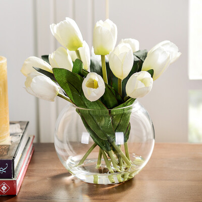 奇居良品绢花假花配玻璃花瓶套装 萨拉白色郁金香整体花艺