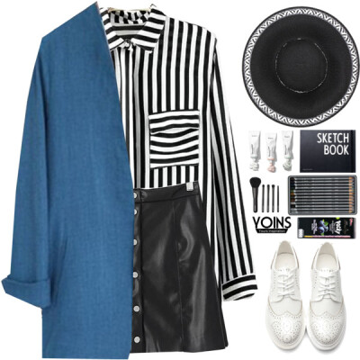 A fashion look from March 2017 featuring black white striped shirt, blue coat and faux leather skirt. Browse and shop related looks.