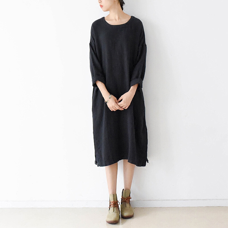 陈小麦高级定制~秋冬款圆领棉麻做旧下开叉长袖宽松常规中长袍子
