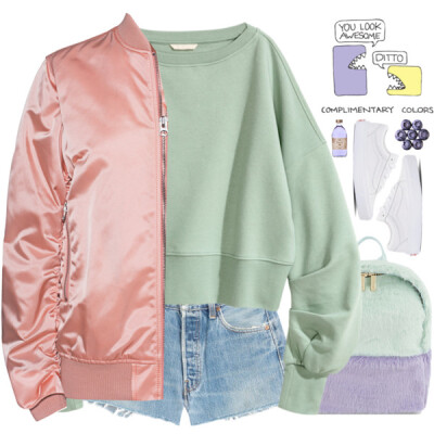 A fashion look from March 2017 featuring green sweatshirt, light pink bomber jacket and ripped jean shorts. Browse and shop related looks.