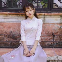 2017春季新款汉服女古装改良唐装上衣茶艺服民族风女装茶人服