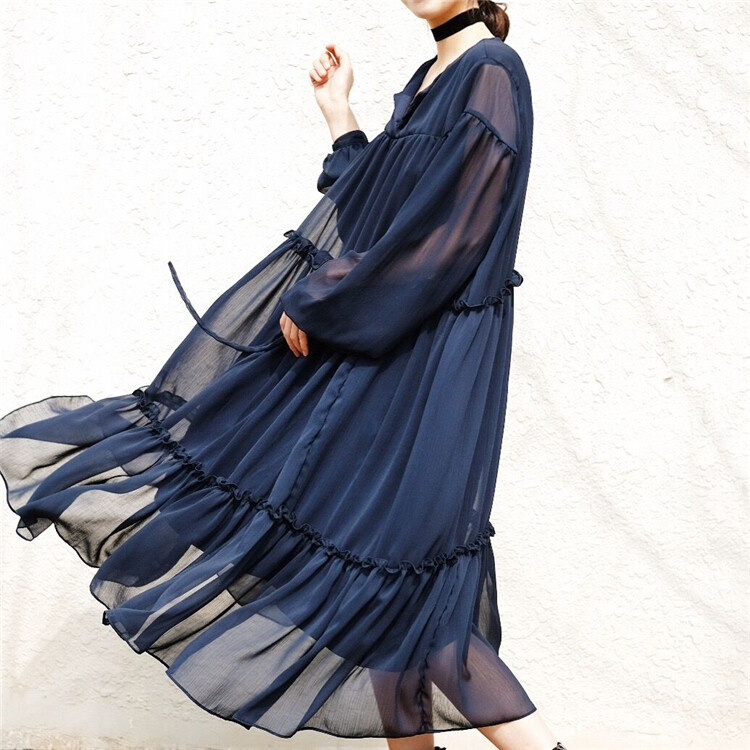 DMON2017春 设计款 舒适优雅 复古法式风格雪纺连衣裙