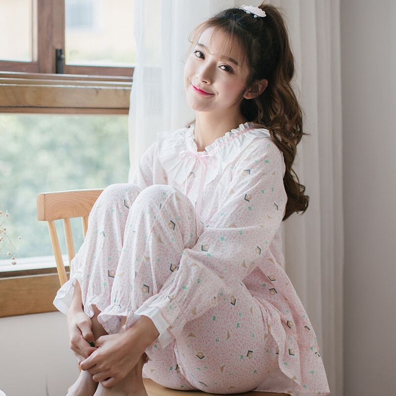 家时光 睡衣女纯棉纱布长袖甜美可爱春夏薄款韩版学生家居服套装
