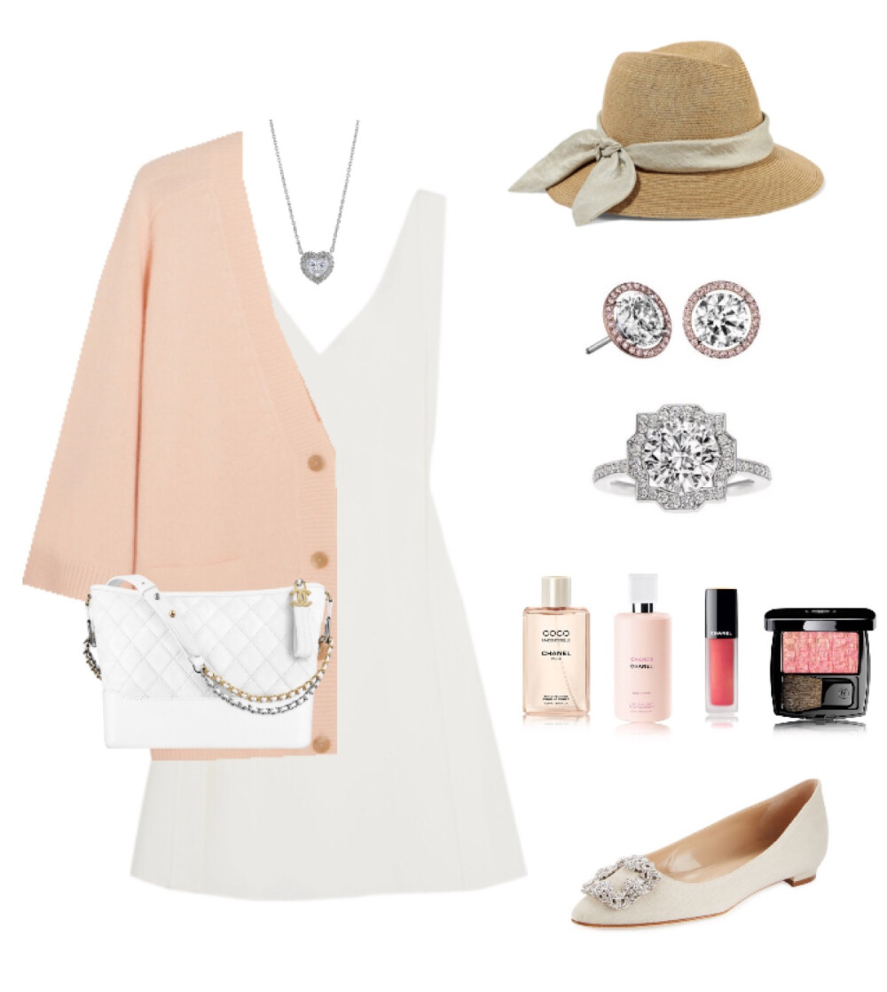 Chloé dress、cardigan，Manolo Blahnik flat，Eugenia Kim sunhat，Chanel Gabrielle bag，De Beers earrings、necklace，Harry Winston diamond ring#2017#796