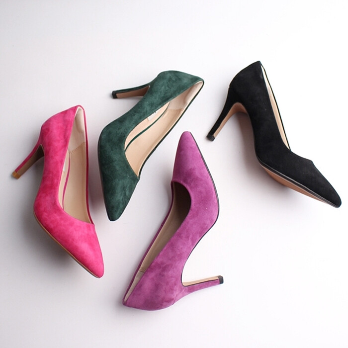 春季 7cm高跟鞋 羊猄皮舒适软底紫色墨绿尖头鞋纯色单鞋女鞋