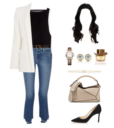 Armani jean blazer，Tom Ford top，Frame jeans，Barney New York belt，Jimmy Choo pump，Loewe "Puzzle"bag，Chopard watch，Elsa Peretti earrings，Chaumet bracelet#803