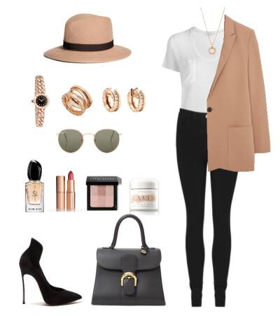 Mango blazer，Iro t-shirt，Givenchy trouser，Casadei pump，Delvaux tote，Brooks Brothers fedora，Ray-Ban sunglasses，Bvlgari jewels#366