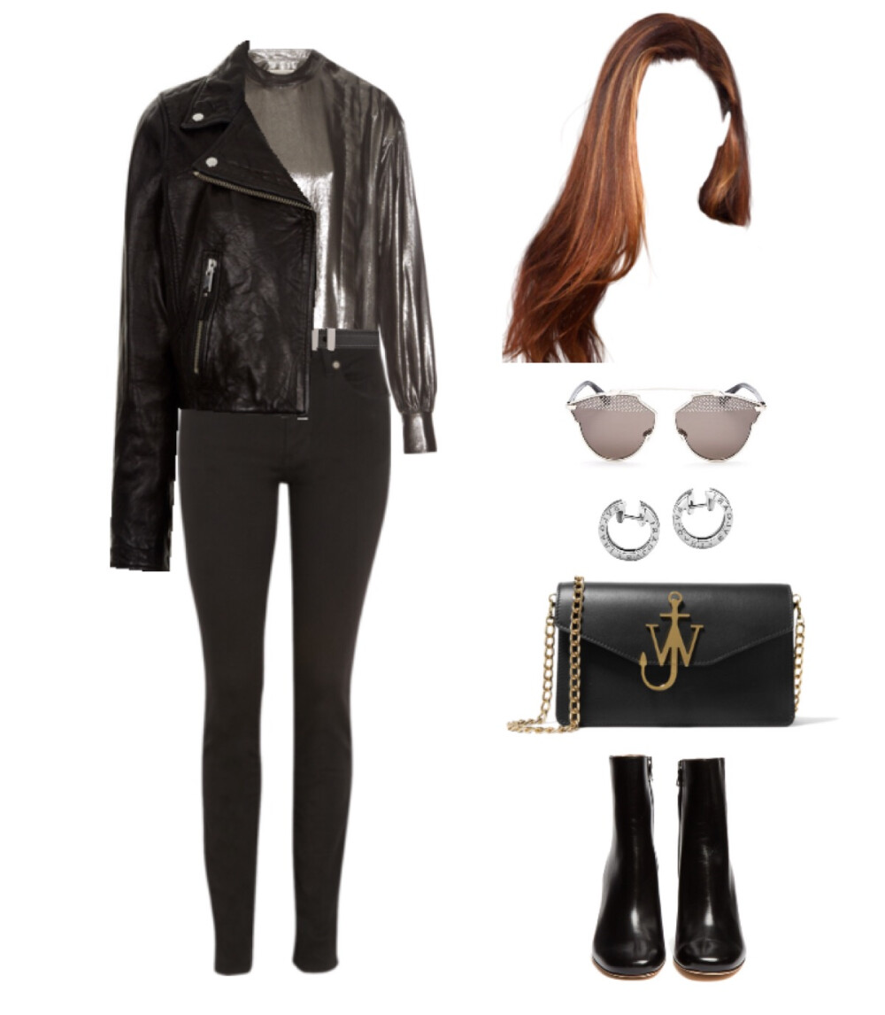 Isabel Marant jacket、shirt，Acne Studios jeans、bootie，Dior sunglasses，J.W Anderson bag#340