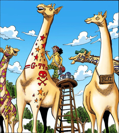 海贼王 【扉页】 乌索普在那些没有花纹的长颈鹿身上给它们涂鸦。