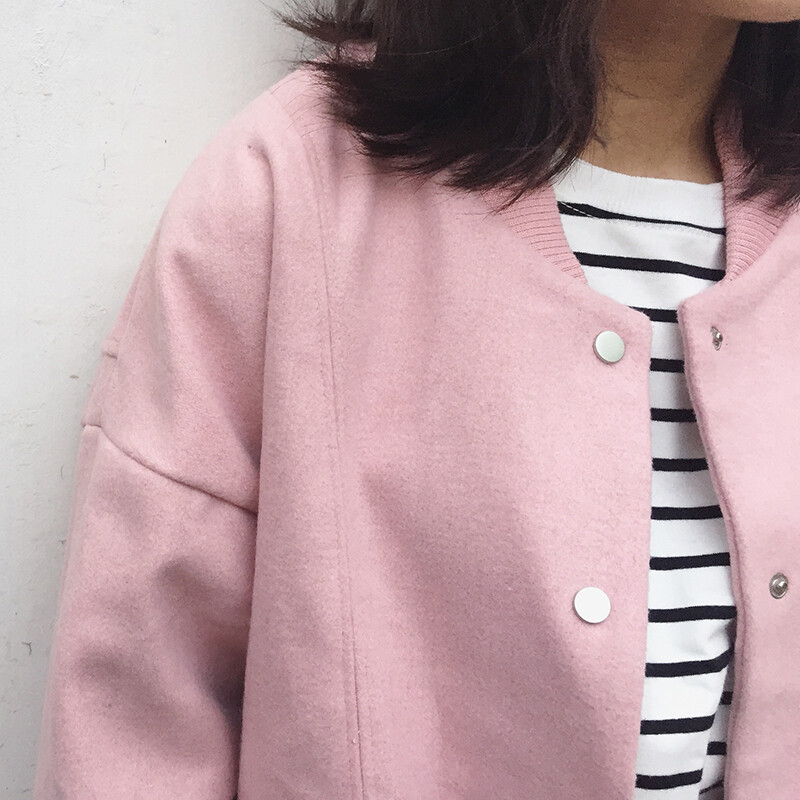 韩国毛呢子棒球外套 粉／灰