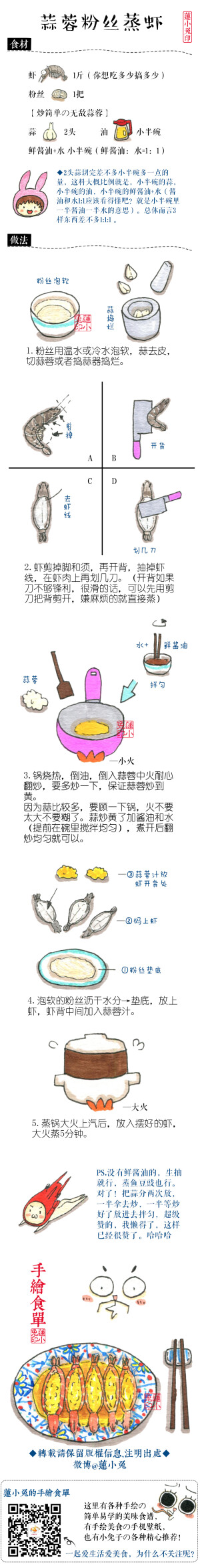 蒜蓉粉丝蒸虾】上次回家帮老妈做了两斤的虾，发出来大家叫我画，现在画好啦！这个蒜真的超级赞啦！
对了！我画完图才反应过来，可以把虾头都去掉，处理掉虾包，拿去炸虾油，虾油少了直接虾头炖豆腐或者时蔬，虾油多了就存着，做菜拌面都可以用！超级棒！