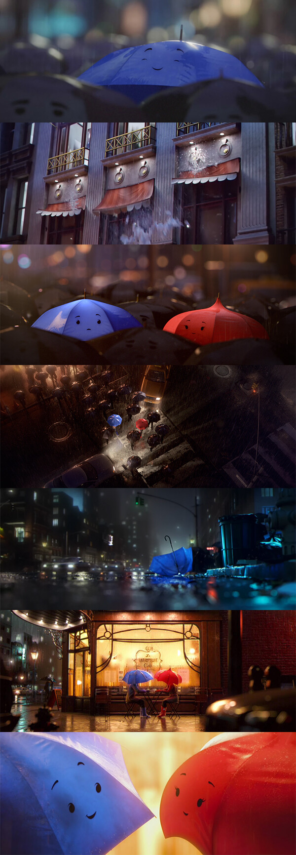 【蓝雨伞之恋 The Blue Umbrella】美国.2013——也许Blue在进入地铁被迫合上的那一霎那就会像金鱼一样失去刚才的记忆，永远忘记Red的美丽，就如我们忙着赶路，却从未留心周围那些美好的事情——街角的吻别，路口的细语……人生大起大落，一路上有人算计你，也会有人让你依靠。Maybe你已鼻青脸肿，心力交瘁，但是在陌生的马路转角，“希望”在那里等着你，“生活”会为你喝彩。（豆瓣 杨灿灿）